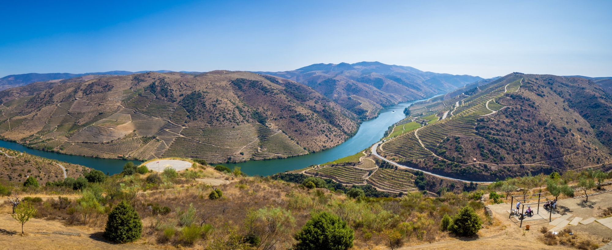 Aerial shot of vineyards and Douro River near Vila Nova de Foz Coa, Portugal
